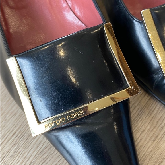 Sergio Rossi Black Leather Pumps Gold Buckle Square Toe Heels Classic Designer - Picture 5 of 13